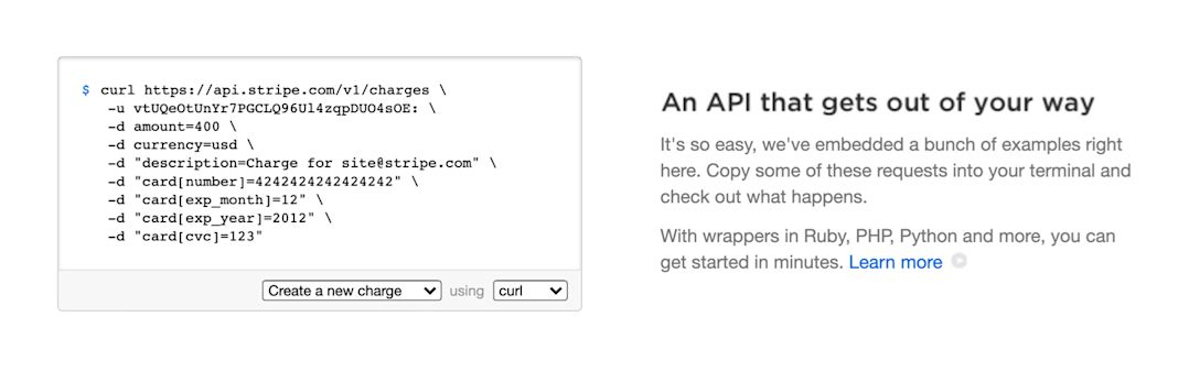 Stripe's early homepage showing a curl request to create a charge beside the words An API that gets out of your way