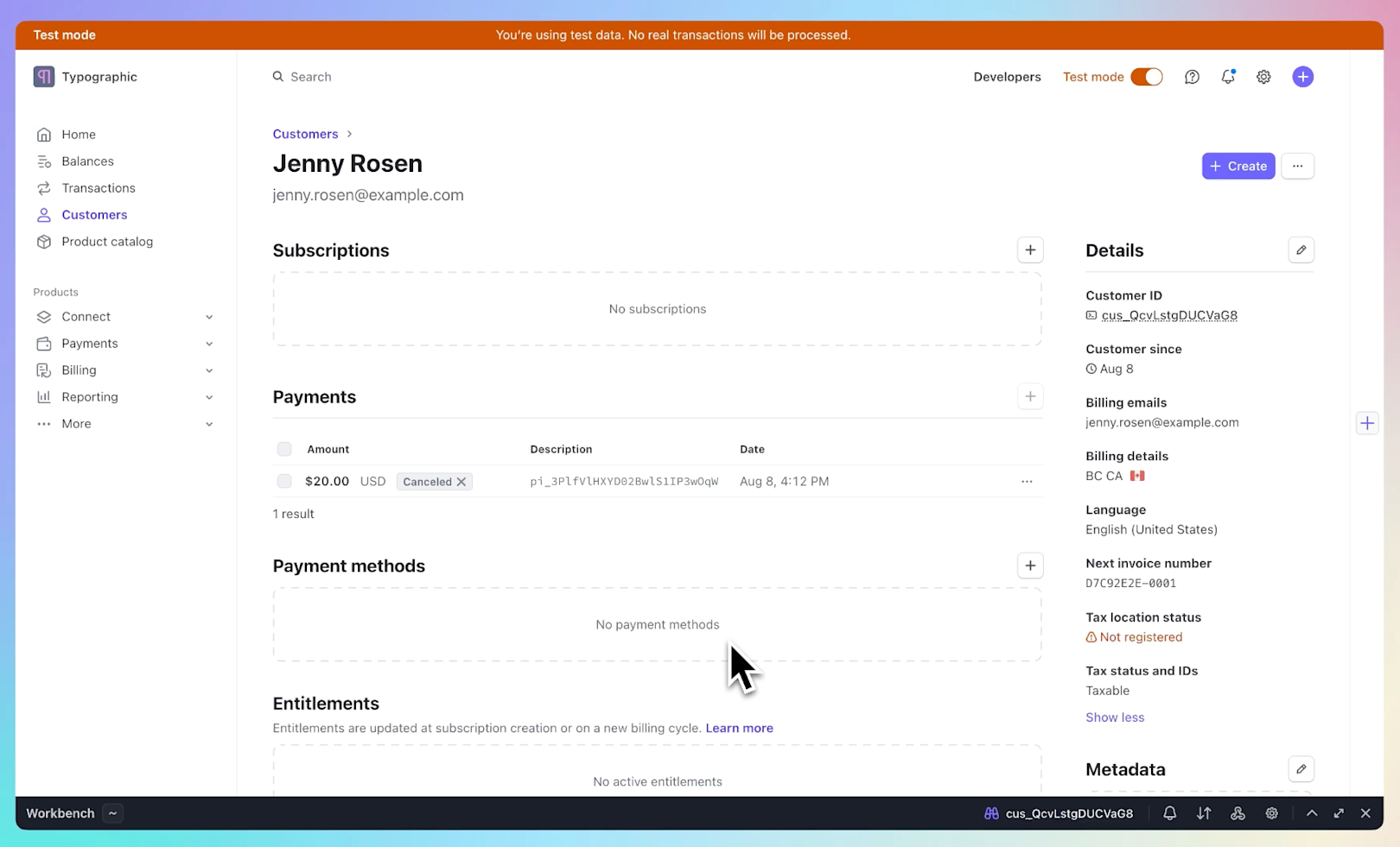 Stripe Dashboard in test mode with Workbench available across the bottom of the customer screen