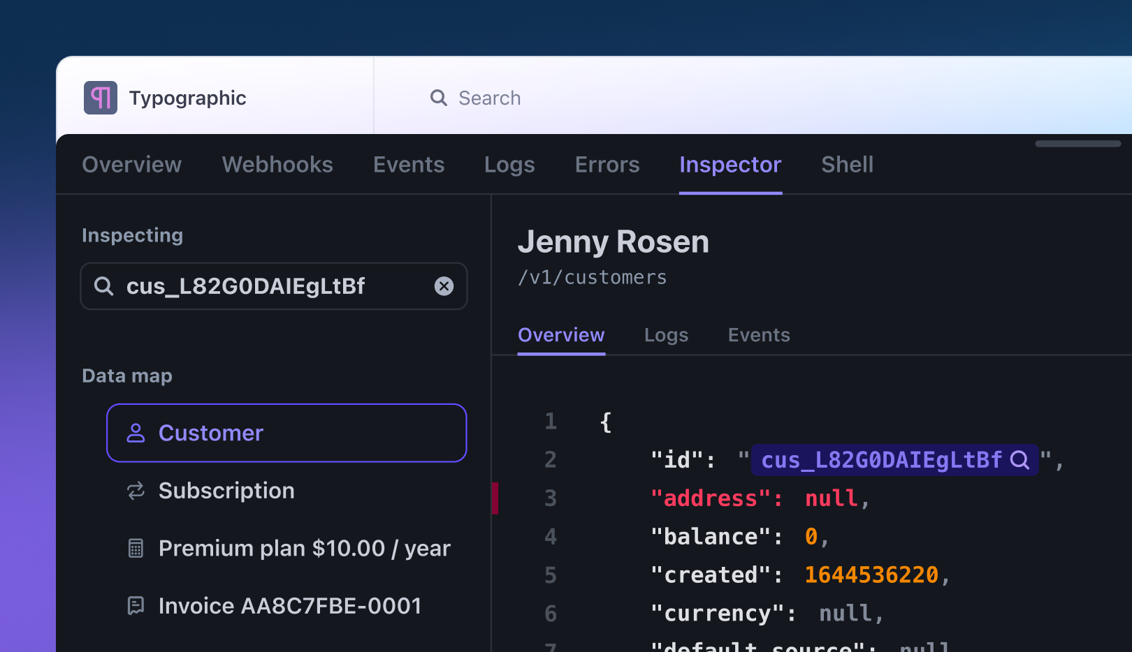 Stripe Workbench Inspector showing a customer, related subscription and invoice, JSON, logs, and events